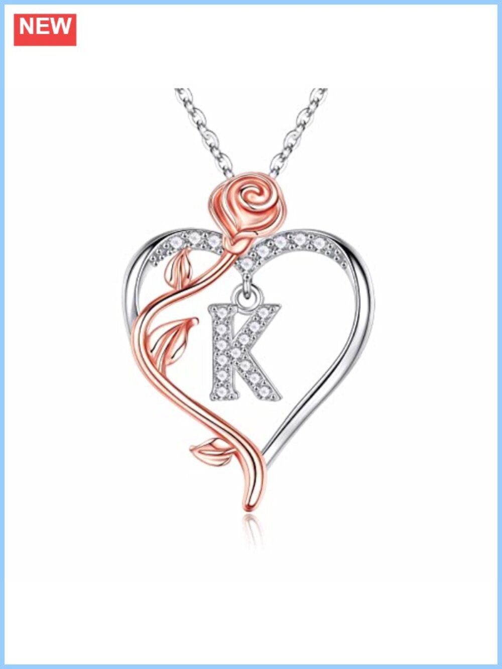 Rose Heart Initial Necklace 925 Sterling Silver Cubic Zirconia Pendant Women